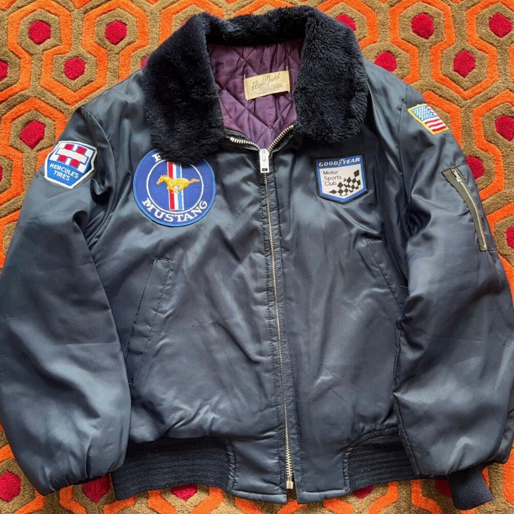 Men's Flight Jacket Coat Small/Medium Nylon Good Year Ford Mustang Hercules Tire